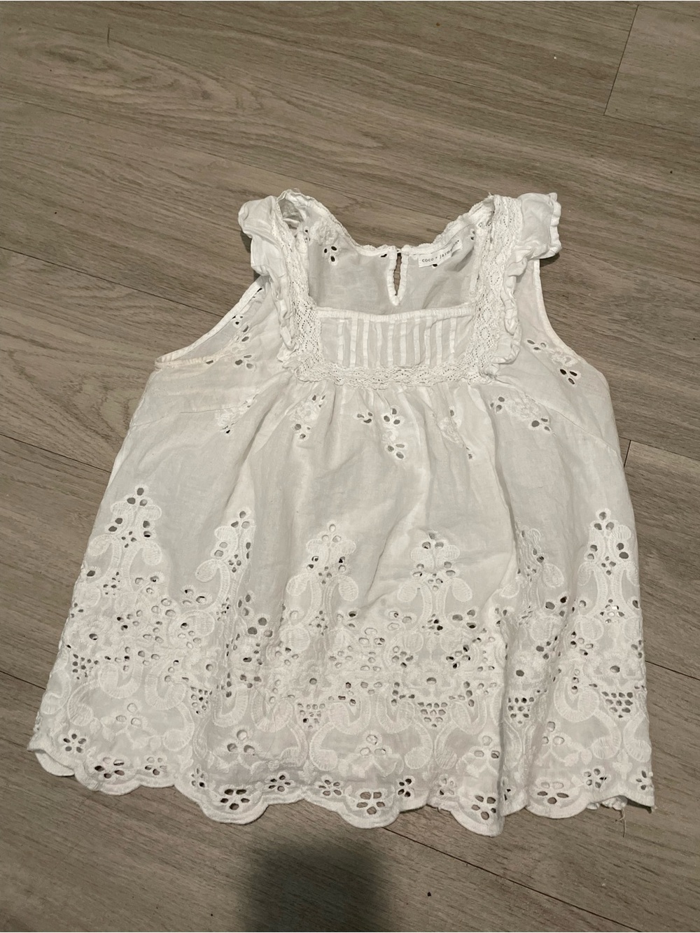 White Eyelet Sleeveless Cotton Blouse with Ruffle Shoulders